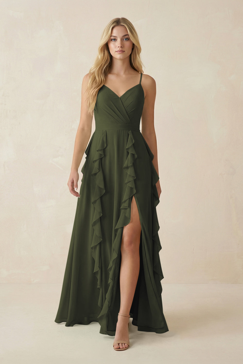 Tiered Ruffle A-Line Chiffon Bridesmaid Dress in Olive