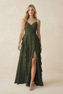 Olive Tiered Ruffle A-Line Chiffon Bridesmaid Dress | KISSBRIDAL