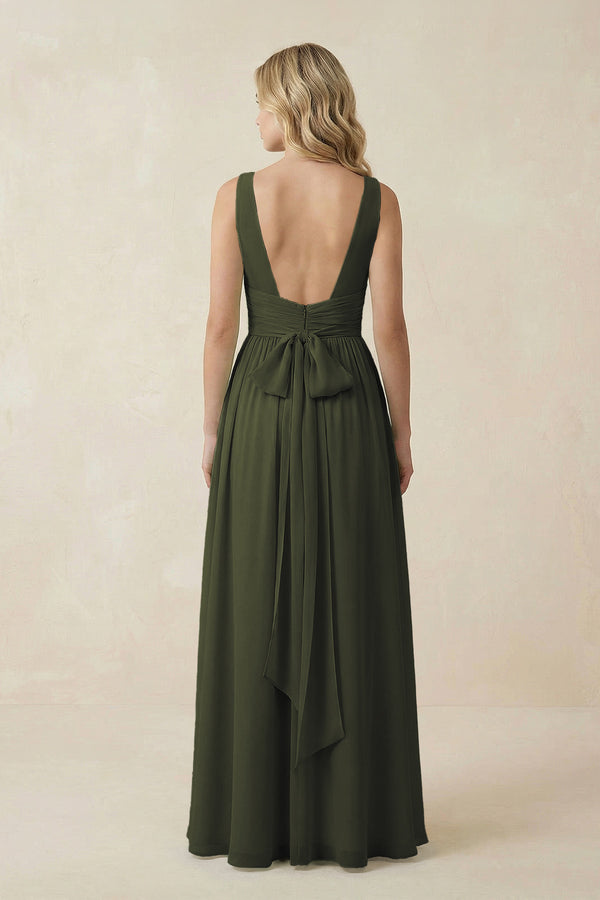 Olive V-Neck A-Line Bridesmaid Dress with Back Bow (2) | KISSBRIDAL