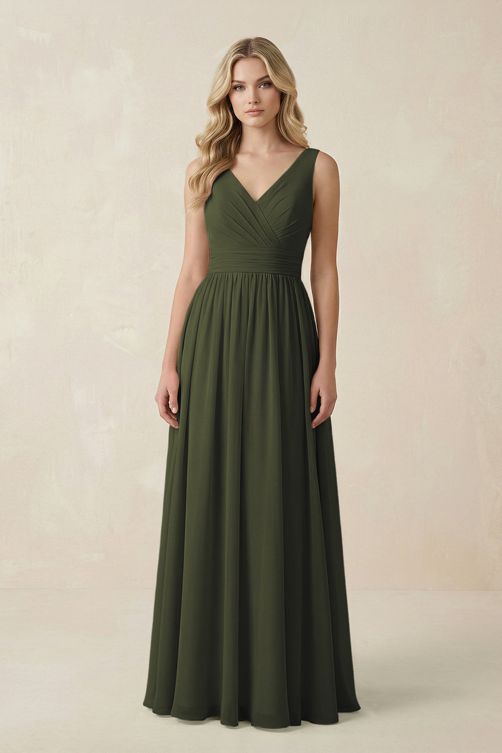V-Neck A-Line Bridesmaid Dress with Back Bow in Olive