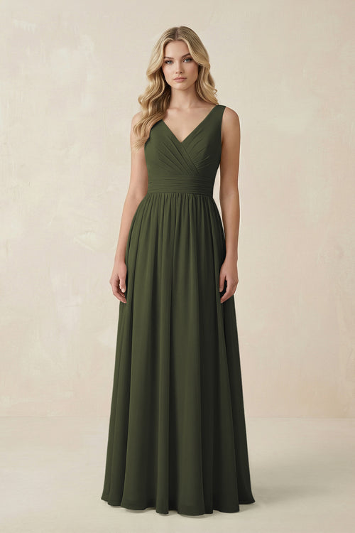 Olive V-Neck A-Line Bridesmaid Dress with Back Bow | KISSBRIDAL