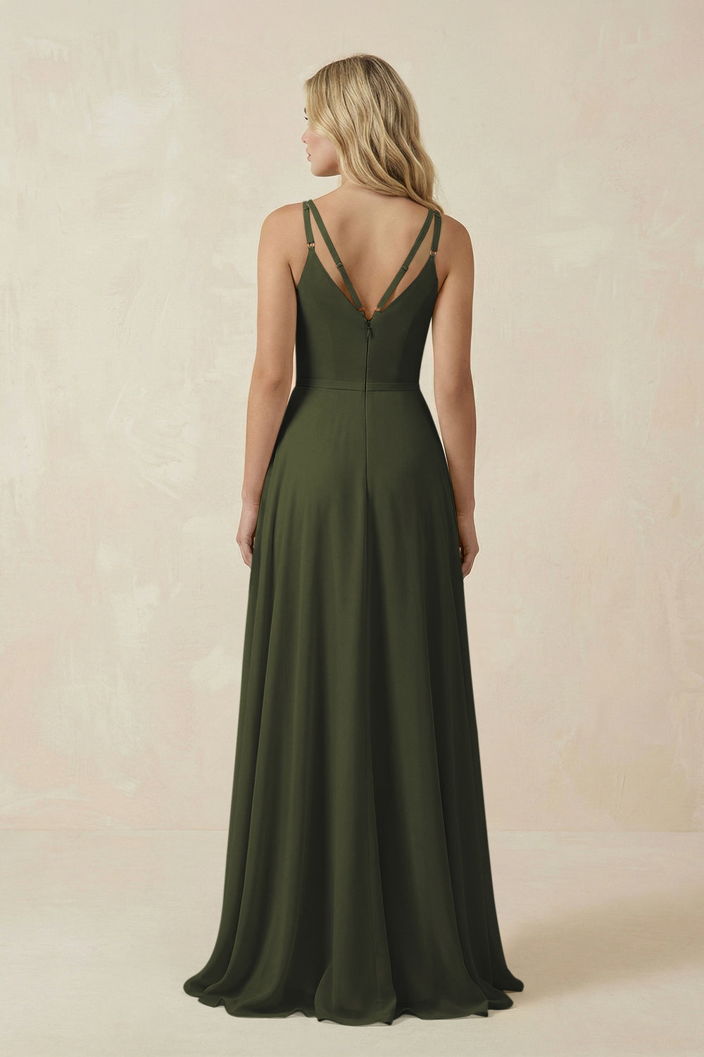 V-Neck A-Line Chiffon Bridesmaid Dress with Crisscross Back in Olive