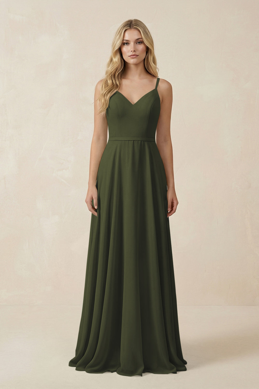 V-Neck A-Line Chiffon Bridesmaid Dress with Crisscross Back in Olive