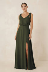 Olive V-Neck A-Line Chiffon Bridesmaid Dress | KISSBRIDAL