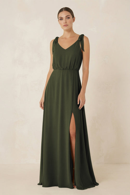 Olive V-Neck A-Line Chiffon Bridesmaid Dress | KISSBRIDAL