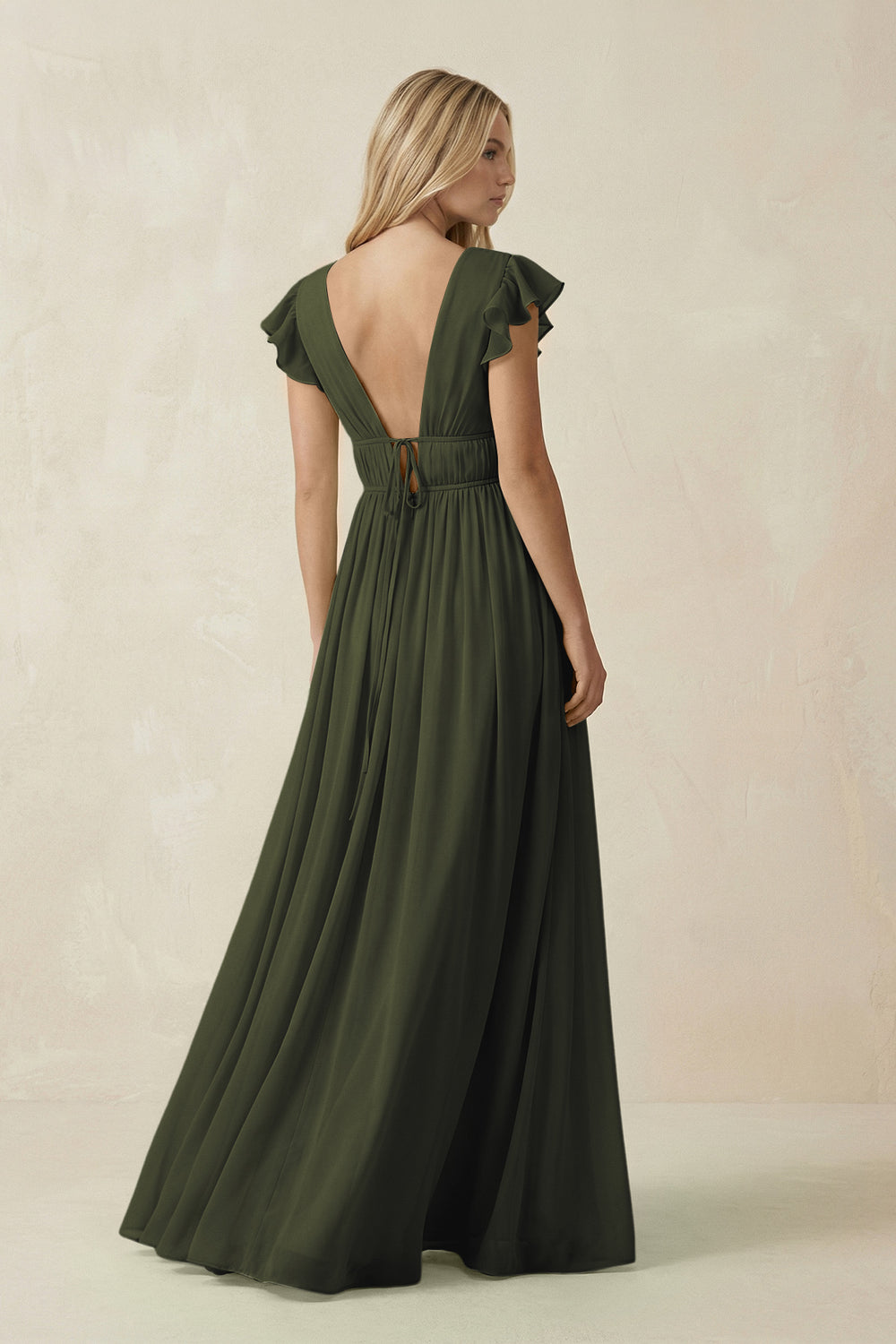 V-Neck A-Line Chiffon Cap Sleeves Bridesmaid Dress in Olive