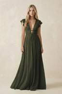 Olive V-Neck A-Line Chiffon Cap Sleeves Bridesmaid Dress | KISSBRIDAL