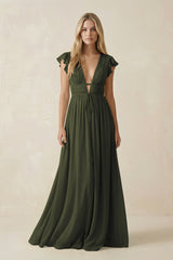Olive V-Neck A-Line Chiffon Cap Sleeves Bridesmaid Dress | KISSBRIDAL
