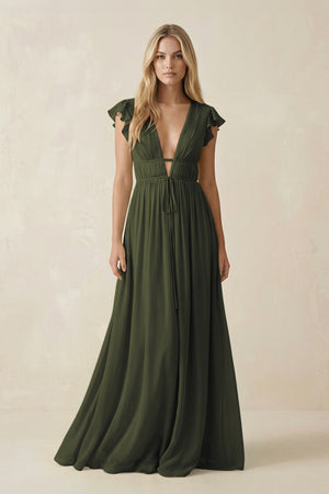 Olive V-Neck A-Line Chiffon Cap Sleeves Bridesmaid Dress | KISSBRIDAL