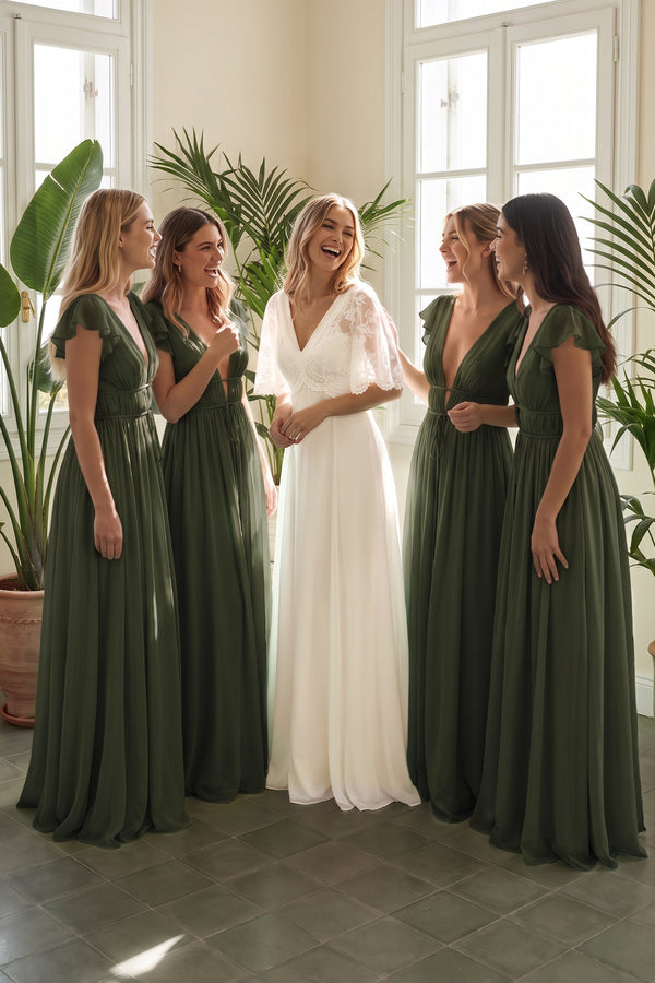 Olive V-Neck A-Line Chiffon Cap Sleeves Bridesmaid Dress | KISSBRIDAL