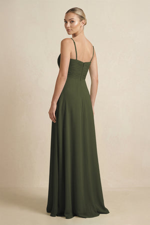 Olive V-Neck A-Line Chiffon Pleated Bridesmaid Dress (2) | KISSBRIDAL