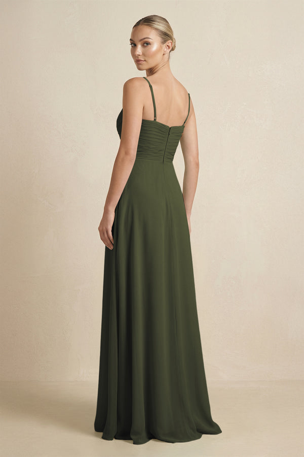 Olive V-Neck A-Line Chiffon Pleated Bridesmaid Dress (2) | KISSBRIDAL