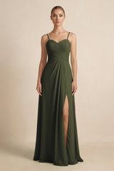 Olive V-Neck A-Line Chiffon Pleated Bridesmaid Dress | KISSBRIDAL