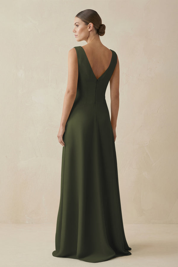 Olive V-Neck A-Line Chiffon Ruffled Bridesmaid Dress (2) | KISSBRIDAL