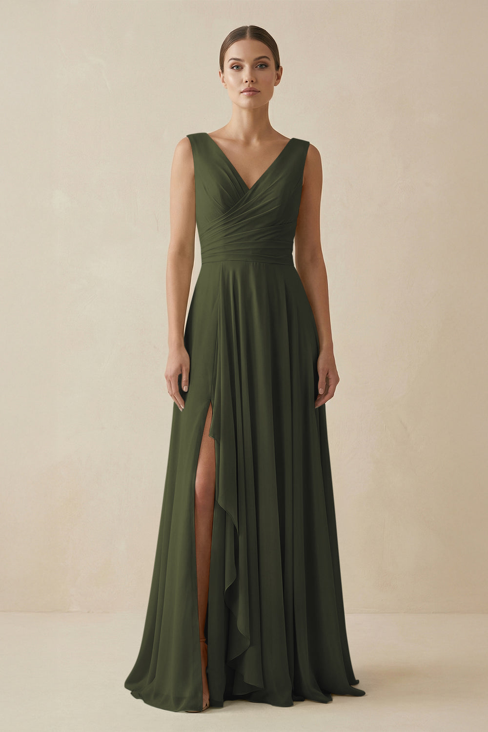 V-Neck A-Line Chiffon Ruffled Bridesmaid Dress in Olive