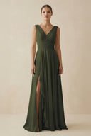 Olive V-Neck A-Line Chiffon Ruffled Bridesmaid Dress | KISSBRIDAL