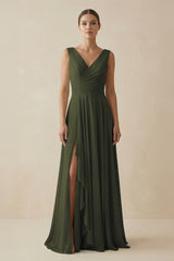 Olive V-Neck A-Line Chiffon Ruffled Bridesmaid Dress | KISSBRIDAL