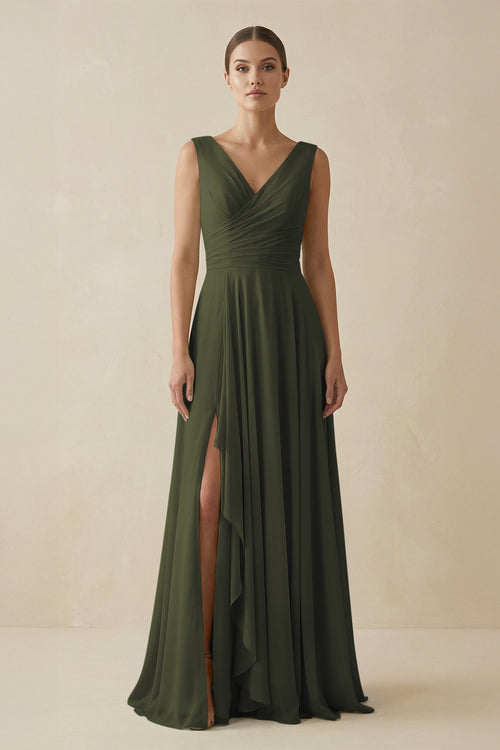 Olive V-Neck A-Line Chiffon Ruffled Bridesmaid Dress | KISSBRIDAL
