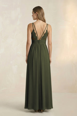 Olive V-Neck A-Line Pleated Chiffon Bridesmaid Dress (2) | KISSBRIDAL
