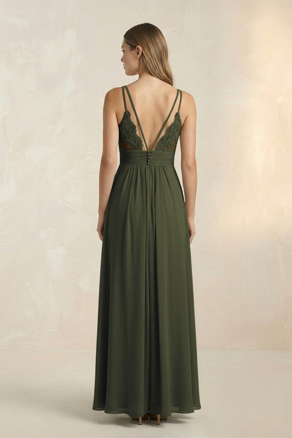 Olive V-Neck A-Line Pleated Chiffon Bridesmaid Dress (2) | KISSBRIDAL