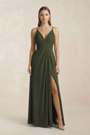 Olive V-Neck A-Line Pleated Chiffon Bridesmaid Dress | KISSBRIDAL