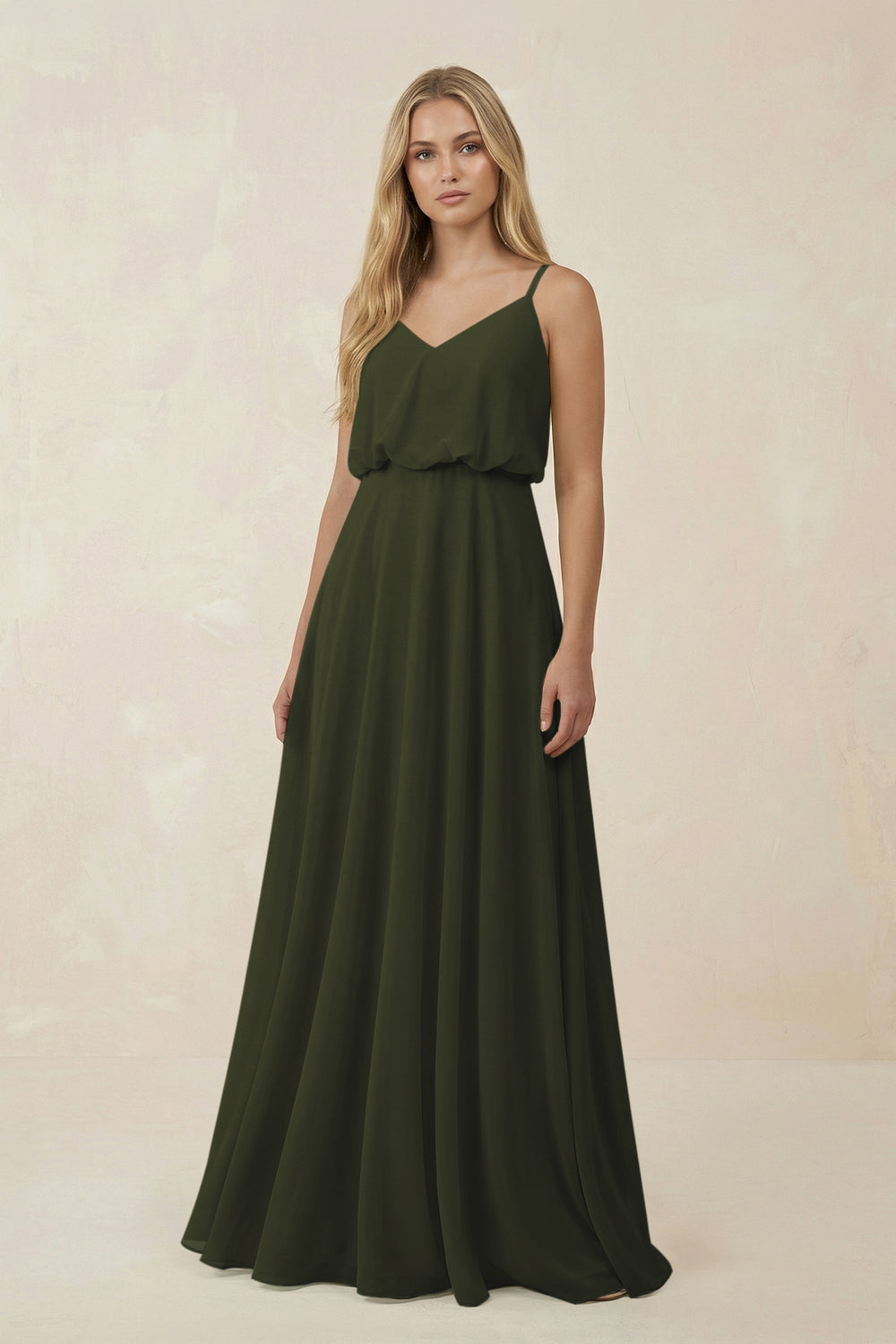 V-Neck Blouson A-Line Chiffon Bridesmaid Dress in Olive