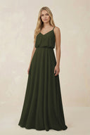 Olive V-Neck Blouson A-Line Chiffon Bridesmaid Dress | KISSBRIDAL