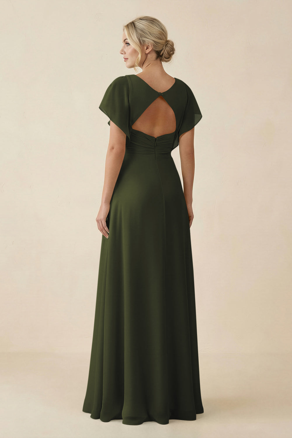 V-Neck Cap Sleeve Chiffon Bridesmaid Dress with Cut-out Back in Olive