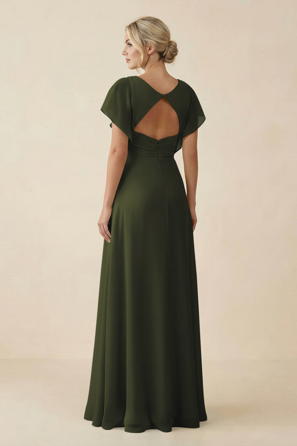 Olive V-Neck Cap Sleeve Chiffon Bridesmaid Dress with Cut-out Back (2) | KISSBRIDAL