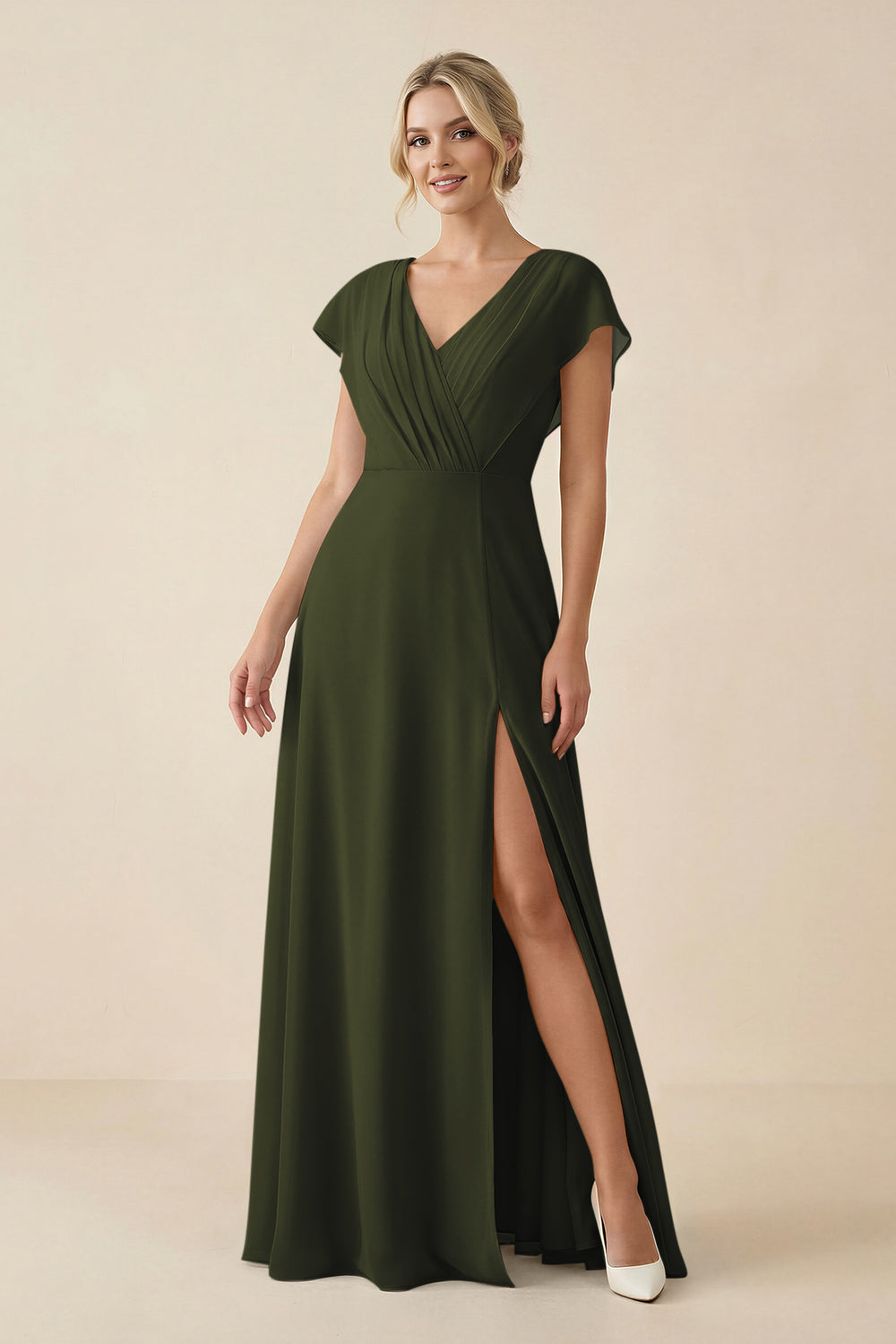 V-Neck Cap Sleeve Chiffon Bridesmaid Dress with Cut-out Back in Olive