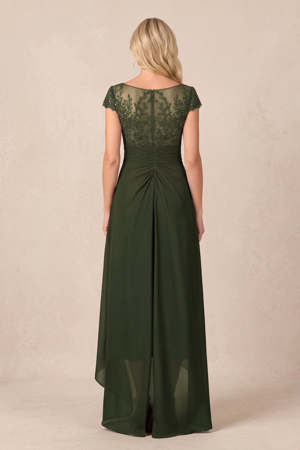 Olive V-Neck Chiffon A-Line Embroidered Ruched Mother of the Bride Dress
