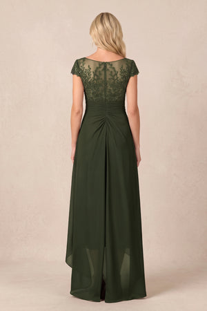 Olive V-Neck Chiffon A-Line Embroidered Ruched Mother of the Bride Dress (2) | KISSBRIDAL