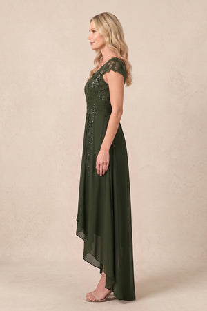 Olive V-Neck Chiffon A-Line Embroidered Ruched Mother of the Bride Dress (3) | KISSBRIDAL