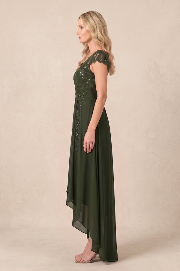 Olive V-Neck Chiffon A-Line Embroidered Ruched Mother of the Bride Dress (3) | KISSBRIDAL