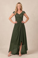 Olive V-Neck Chiffon A-Line Embroidered Ruched Mother of the Bride Dress | KISSBRIDAL