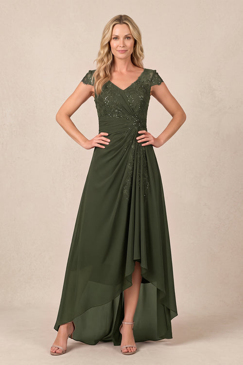 Olive V-Neck Chiffon A-Line Embroidered Ruched Mother of the Bride Dress | KISSBRIDAL