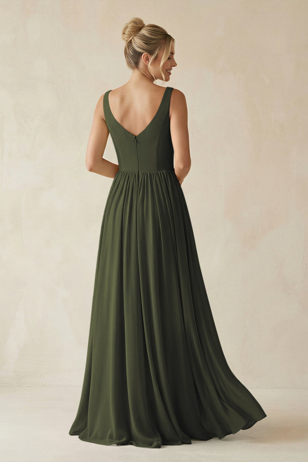 Olive V-Neck Chiffon A-Line Long Bridesmaid Dress (2) | KISSBRIDAL