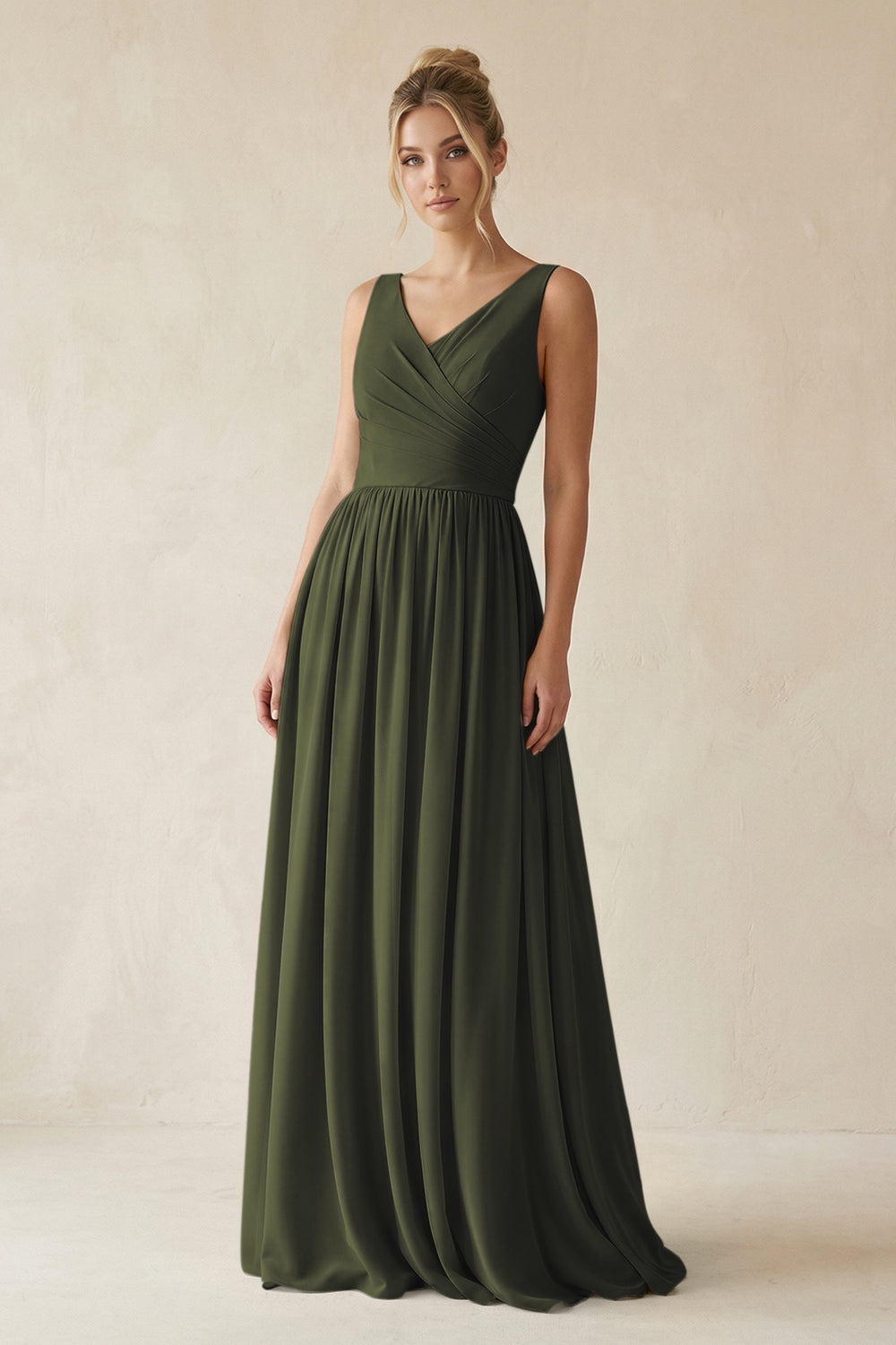 V-Neck Chiffon A-Line Long Bridesmaid Dress in Olive