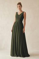Olive V-Neck Chiffon A-Line Long Bridesmaid Dress | KISSBRIDAL