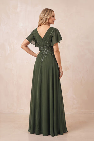 Olive V-Neck Chiffon Ruffled Sleeves A-Line Mother of the Bride Dress (2) | KISSBRIDAL