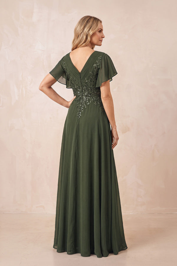 Olive V-Neck Chiffon Ruffled Sleeves A-Line Mother of the Bride Dress (2) | KISSBRIDAL