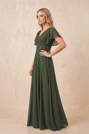 Olive V-Neck Chiffon Ruffled Sleeves A-Line Mother of the Bride Dress (3) | KISSBRIDAL