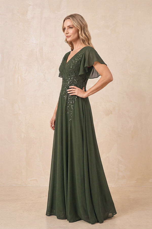 Olive V-Neck Chiffon Ruffled Sleeves A-Line Mother of the Bride Dress (3) | KISSBRIDAL