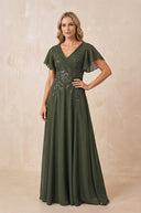 Olive V-Neck Chiffon Ruffled Sleeves A-Line Mother of the Bride Dress | KISSBRIDAL