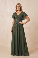 Olive V-Neck Chiffon Ruffled Sleeves A-Line Mother of the Bride Dress | KISSBRIDAL
