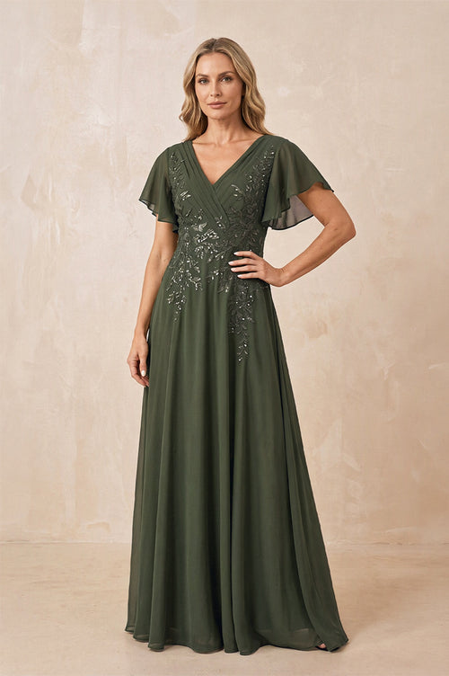 Olive V-Neck Chiffon Ruffled Sleeves A-Line Mother of the Bride Dress | KISSBRIDAL