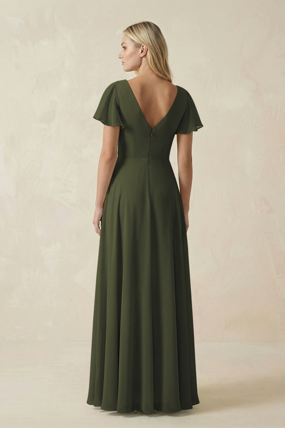 V-Neck Flutter Sleeve A-Line Chiffon Bridesmaid Dress in Olive