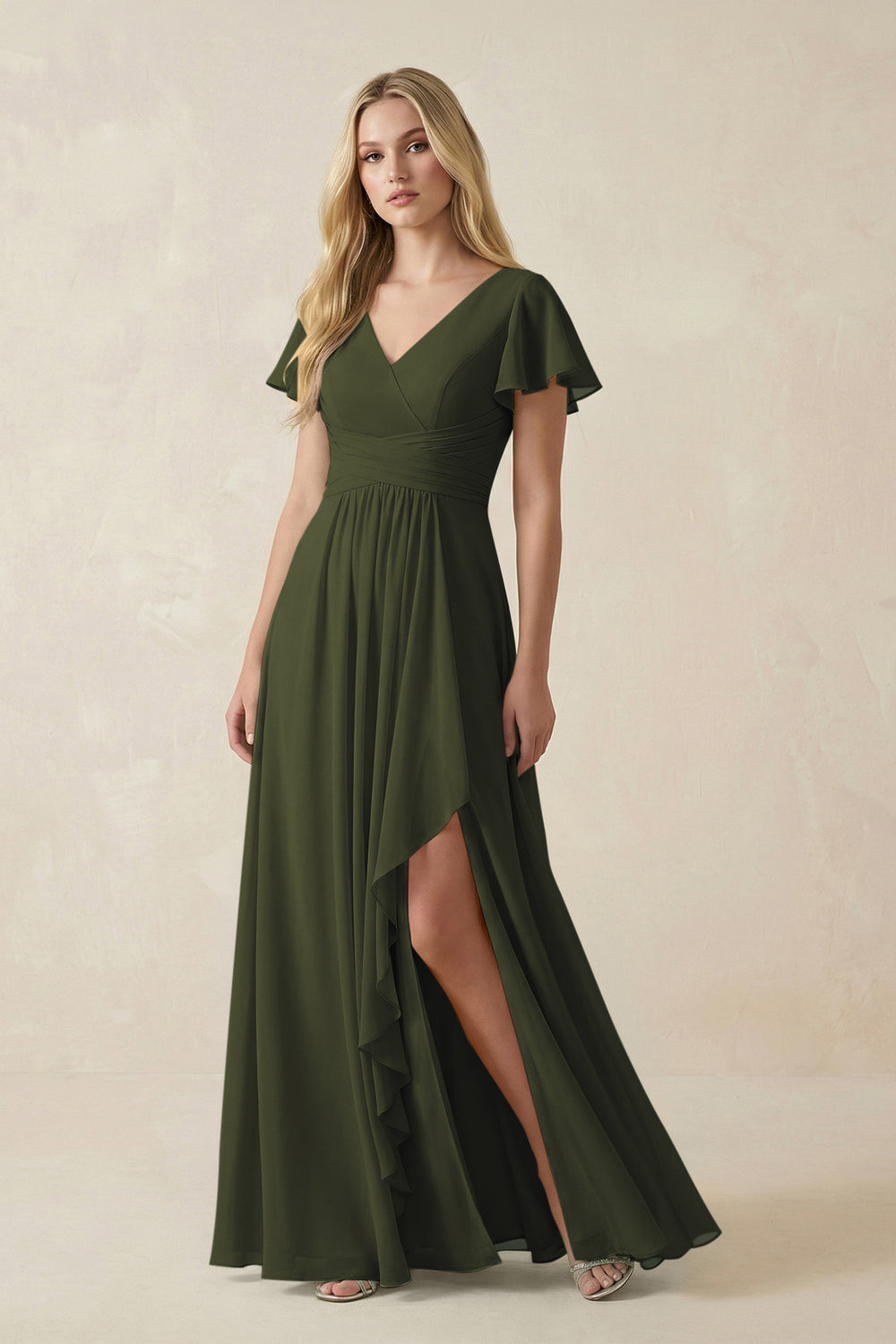 V-Neck Flutter Sleeve A-Line Chiffon Bridesmaid Dress in Olive