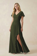 Olive V-Neck Flutter Sleeve A-Line Chiffon Bridesmaid Dress | KISSBRIDAL