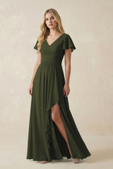 Olive V-Neck Flutter Sleeve A-Line Chiffon Bridesmaid Dress | KISSBRIDAL